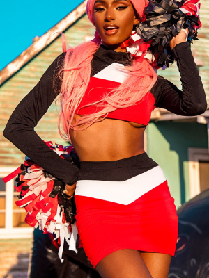 Red Cheerleader High Neck Striped Long Sleeve...