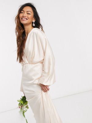 Tfnc Bridesmaids Long Sleeve Sateen Maxi Dress In Ecru