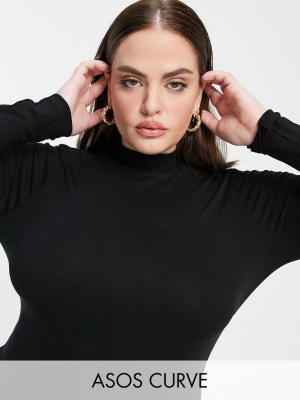 Asos Design Curve Long Sleeve Bodysuit With Turtleneck In Black