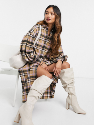 Asos Design Button Through Midi Shirt Dress In Tan Check