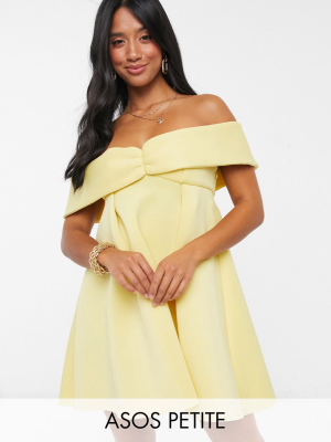 Asos Design Petite Exclusive Bardot Baby Doll Mini Skater Dress In Lemon