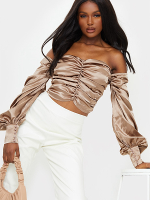 Tall Mocha Satin Ruched Long Sleeve Crop Top