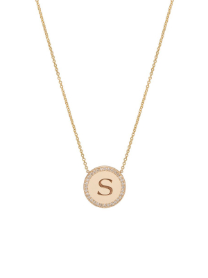 14k Engraved Initial & Diamond Halo Disc Necklace