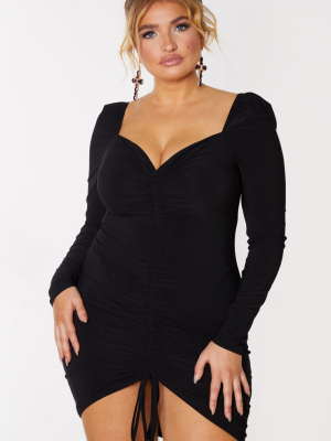 Plus Black Ruched Front Long Sleeved Bodycon Dress