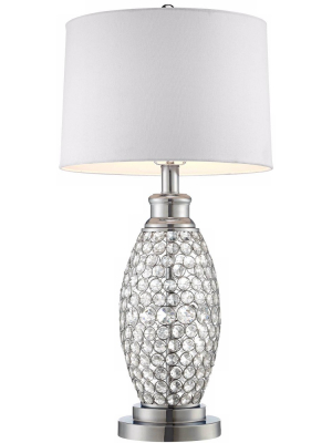 Possini Euro Design Modern Table Lamp Polished Metal Beaded Crystal White Drum Shade For Living Room Family Bedroom Bedside Office