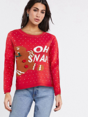 Only Oh Snap Gingerbread Christmas Sweater In Red