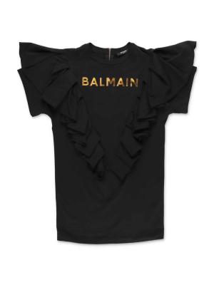 Balmain Kids Logo Printed Ruffled T-shirt Dress