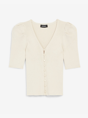 Ribbed Puff Sleeve Stretch Cardigan