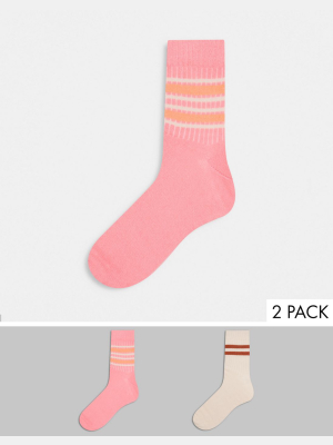 Asos Design 2-pack Stripe Socks In Neutral Tones