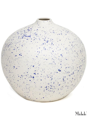 White And Blue Speckled Earthenware Vase Round