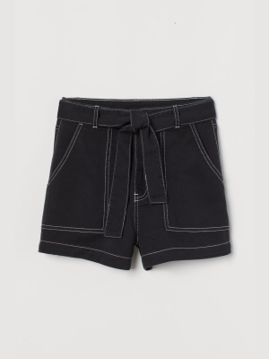 Tie-belt Twill Shorts