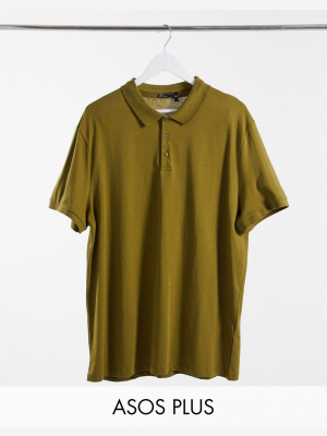 Asos Design Plus Organic Polo In Khaki