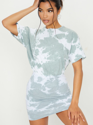 Sage Green Tie Dye Elastic Waist T Shirt Dress