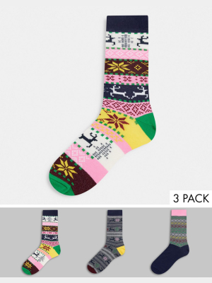 Asos Design Ankle Socks With Fairisle Designs In Multicolor 3 Pack