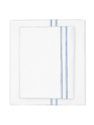 French Blue Lines Embroidered Sheet Set (fitted, Flat, & Pillow Cases)