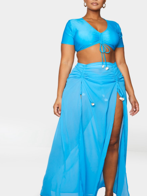 Plus Blue Ruched Front Double Split Maxi Beach...