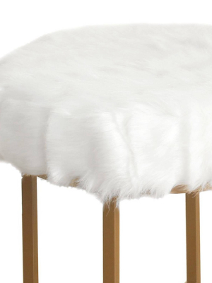 Round Faux Fur Upholstered Stool With X Shape Metal Base White And Gold - Benzara