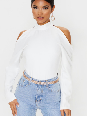 White Woven Cold Shoulder High Neck Bodysuit