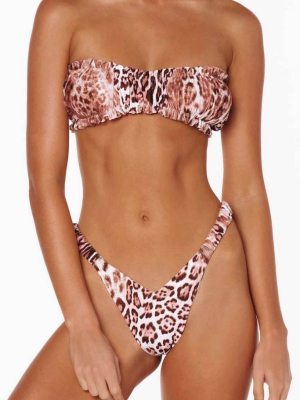 Leopard Ruched High Leg Bandeau Bikini Swimsuit - Two Piece Set