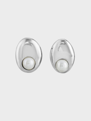 Hand Formed Oval Stud Earring With Nested Pearl |  Sterling Silver With White Pearl