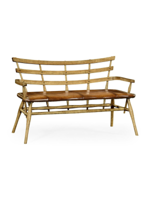 Natural Oak Bench With A Studded Antique Chestnut Leather Seat