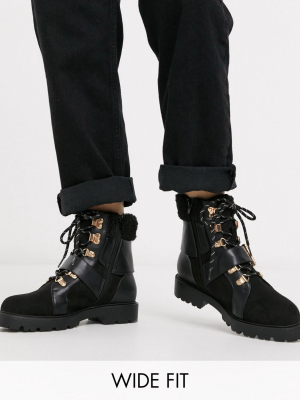 Asos Design Wide Fit Belle Faux Fur Lace Up Boots In Black