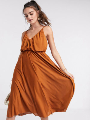 Asos Design Cami Plunge Midi Dress With Blouson Top In Rust