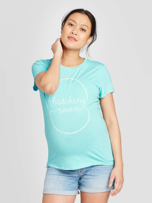 Maternity Short Sleeve Hatching Soon Easter Graphic T-shirt - Isabel Maternity By Ingrid & Isabel™ Blue