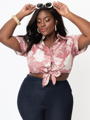 Magnolia Place Plus Size Dusty Rose Hawaiian Print Tie Crop Top