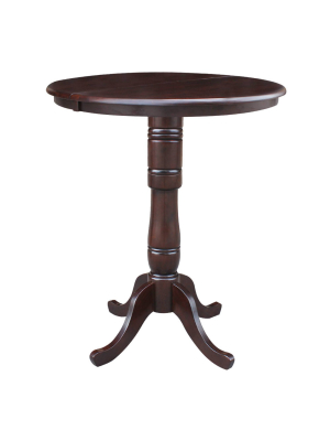 36" Round Top Pedestal Bar Height Table With 12" Leaf Dark Brown - International Concepts