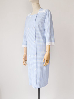 1980s Vintage Sky Blue Gingham  Dress - Size M