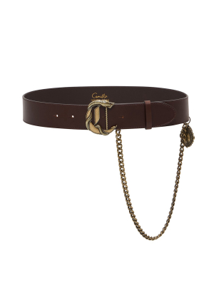 C Buckle Leather Belt With Chain Solid Brown