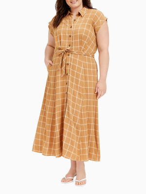 Plus Size Windowpane Button-down A-line Dress