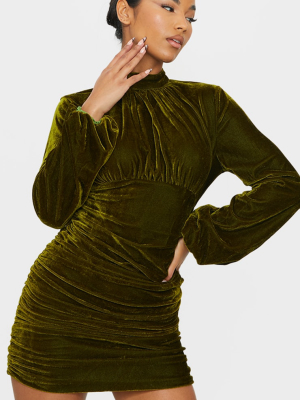 Olive Velvet High Neck Ruched Balloon Sleeve...