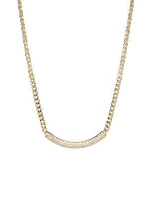 14k Small Curb Chain Necklace With Pave Diamond Curved Chubby Bar