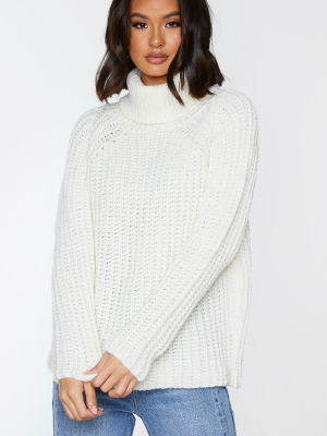 Cream Chunky Soft Knitted Slouchy Roll Neck Jumper