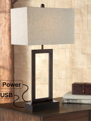 360 Lighting Modern Table Lamp With Usb And Ac Power Outlet In Base Bronze Rectangular Oatmeal Fabric Shade For Living Room Office