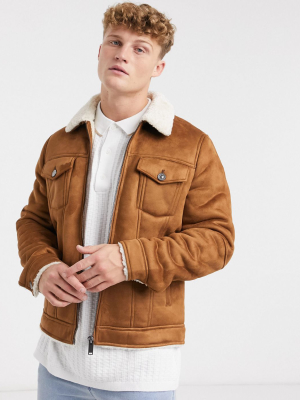 River Island Borg Lined Western Trucker Jacket In Tan