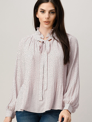 Pin Dot Pleated Tie Neck Long Sleeve Blouse Top