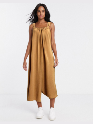 Asos Design Cami Smock Jumpsuit With Tie Back Detail In Camel