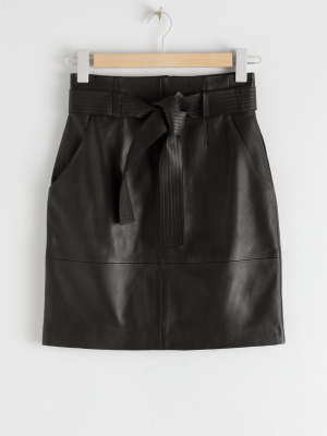 Leather High Waisted Belted Mini Skirt