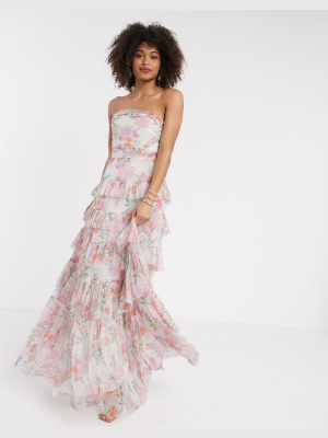 Anaya With Love Tulle Bandeau Tiered Maxi Dress In Pink Floral Print