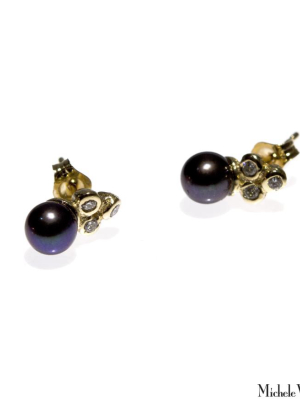 Black Pearl And Diamond Sea Anemone Gold Stud Earrings