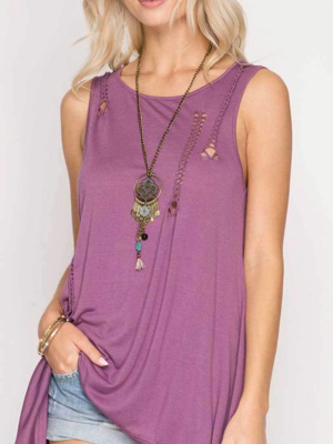 She + Sky Sleeveless Top With Braided Cutout Detail Sl5262