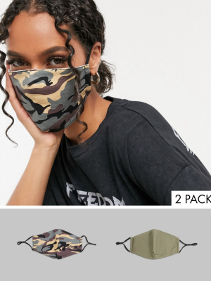 Designb London 2 Pack Face Covering With Adjustable Straps In Camo And Khaki