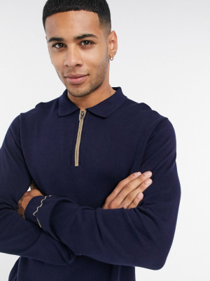 Jack & Jones Premium Zip Polo With Long Sleeves In Navy