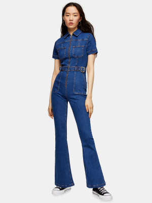 Stretch Denim Flared Boiler Suit With Buckle