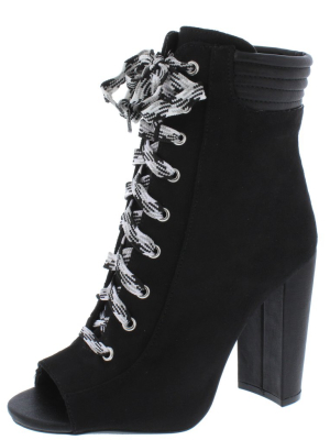 Cashmere32x Black Suede Pu Peep Toe Lace Up Boot