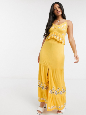 Asos Design Cami Button Front Maxi Dress With Embroidery In Yellow