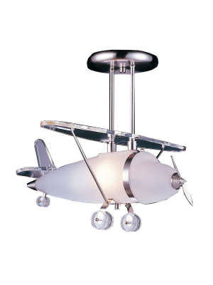 Novelty 1-light Semi Flush In Satin Nickel With Prop Plane Motif